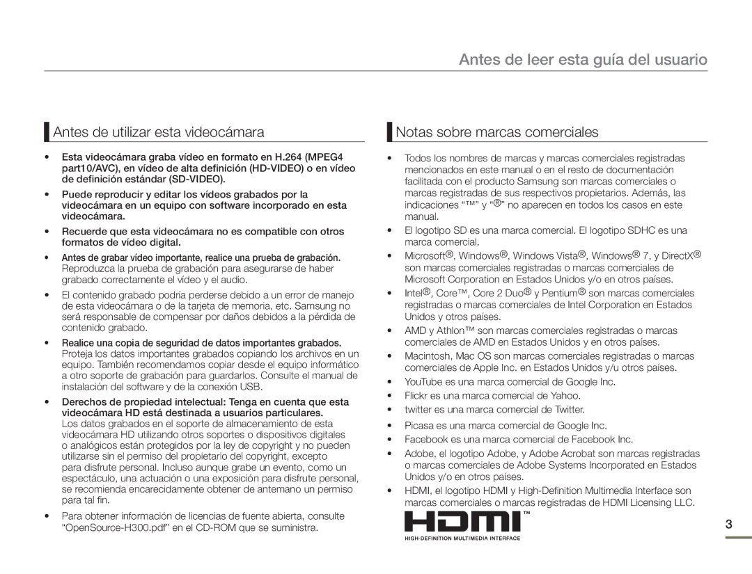 Samsung HMX-H300RP/EDC, HMX-H300BP/EDC manual Antes de leer esta guía del usuario 