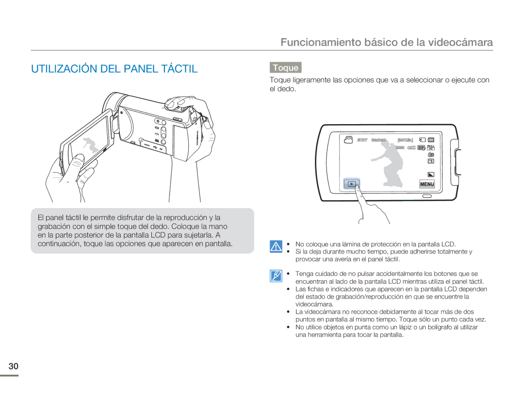 Samsung HMX-H300BP/EDC, HMX-H300RP/EDC manual Utilización DEL Panel Táctil, Toque 