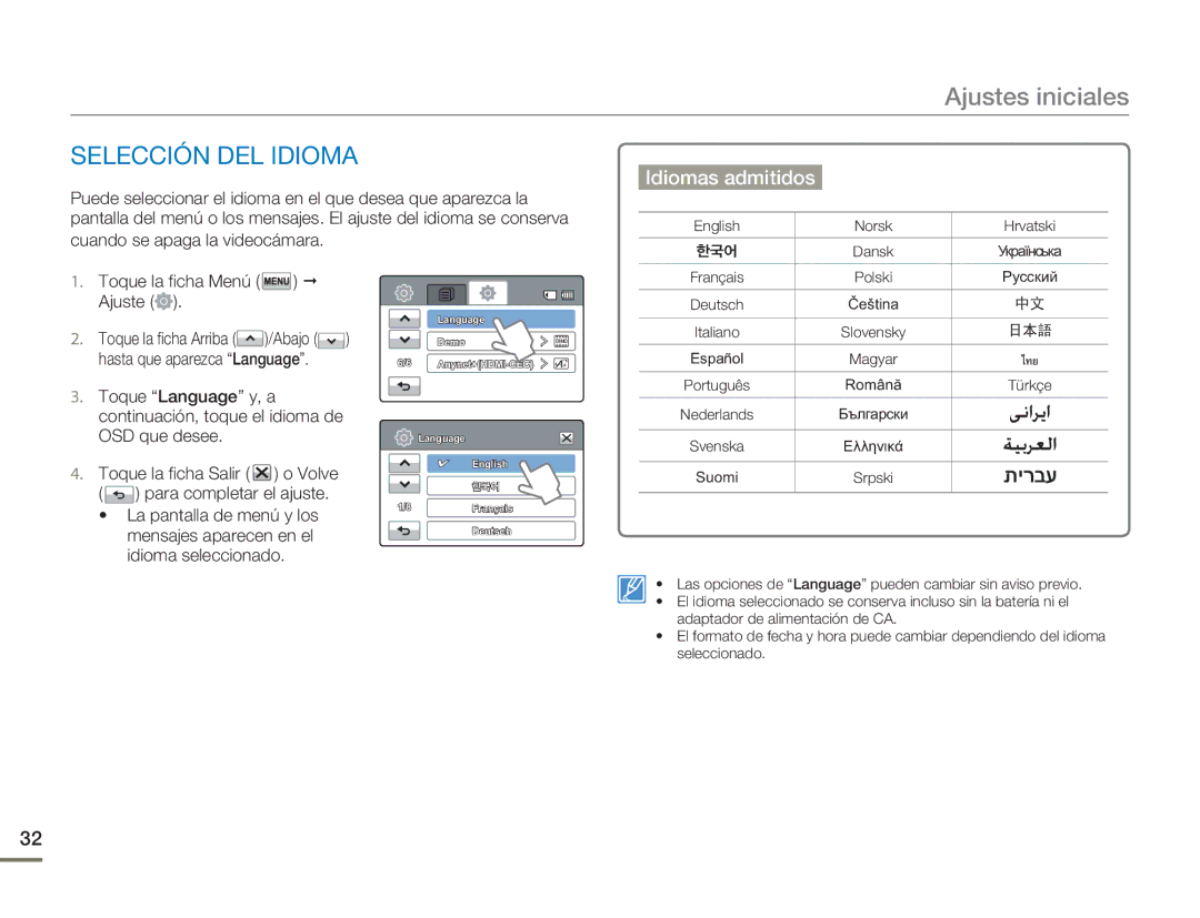 Samsung HMX-H300BP/EDC, HMX-H300RP/EDC manual Ajustes iniciales, Selección DEL Idioma, Idiomas admitidos 