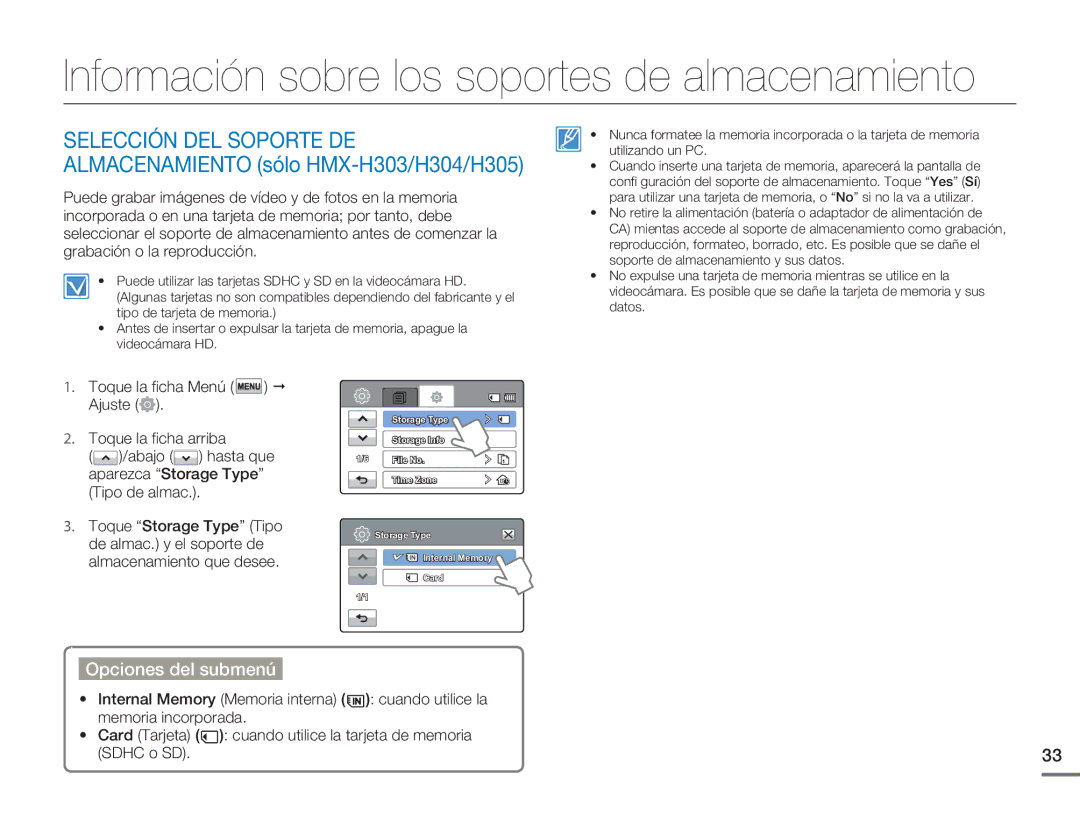 Samsung HMX-H300RP/EDC, HMX-H300BP/EDC manual Información sobre los soportes de almacenamiento, Opciones del submenú 