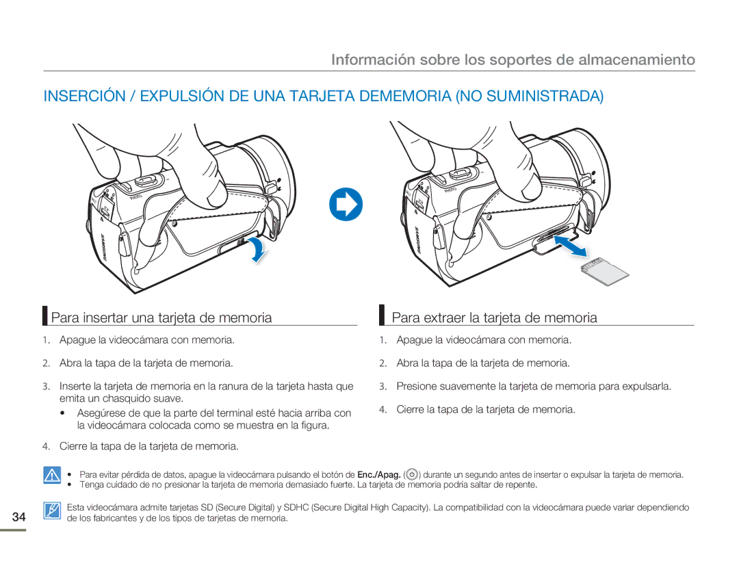 Samsung HMX-H300BP/EDC manual Información sobre los soportes de almacenamiento, Para insertar una tarjeta de memoria 