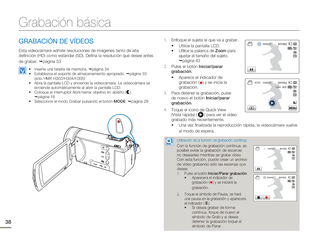 Samsung HMX-H300BP/EDC, HMX-H300RP/EDC manual Grabación básica, Grabación DE Vídeos, De grabar. página 