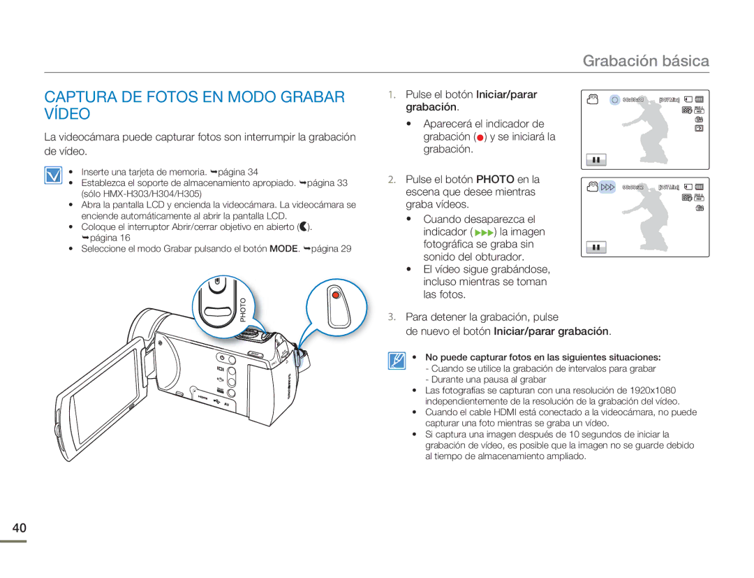 Samsung HMX-H300BP/EDC, HMX-H300RP/EDC manual Captura DE Fotos EN Modo Grabar Vídeo 