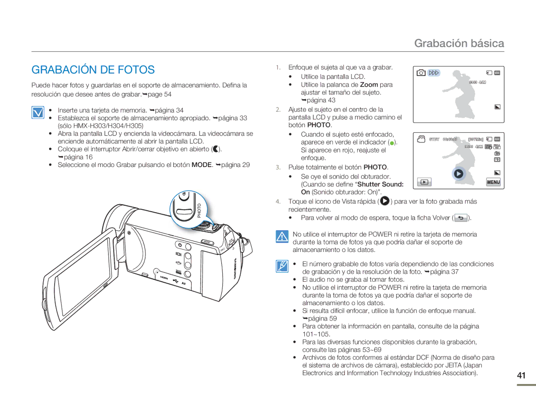 Samsung HMX-H300RP/EDC, HMX-H300BP/EDC manual Grabación DE Fotos 