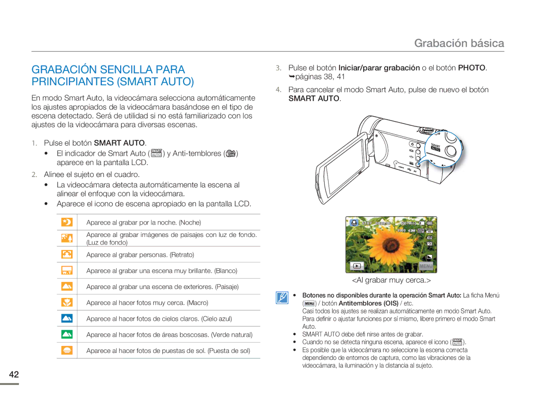 Samsung HMX-H300BP/EDC, HMX-H300RP/EDC manual Grabación Sencilla Para Principiantes Smart Auto, Al grabar muy cerca 