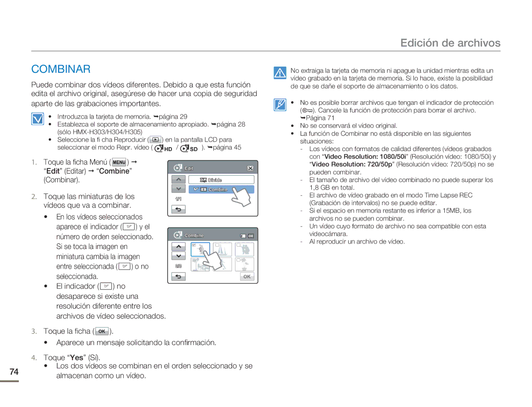 Samsung HMX-H300BP/EDC, HMX-H300RP/EDC manual Combinar, Aparte de las grabaciones importantes, Edit Editar Combine 