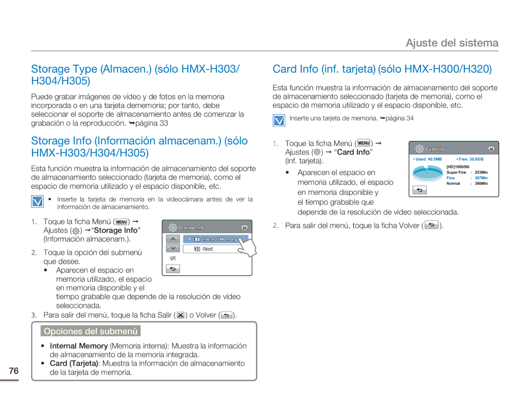 Samsung HMX-H300BP/EDC Ajuste del sistema, Storage Type Almacen. sólo HMX-H303/ H304/H305, Ajustes Card Info Inf. tarjeta 