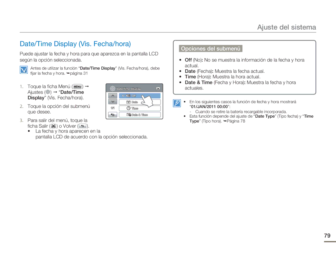 Samsung HMX-H300RP/EDC, HMX-H300BP/EDC manual Date/Time Display Vis. Fecha/hora, Actual, Date Fecha Muestra la fecha actual 