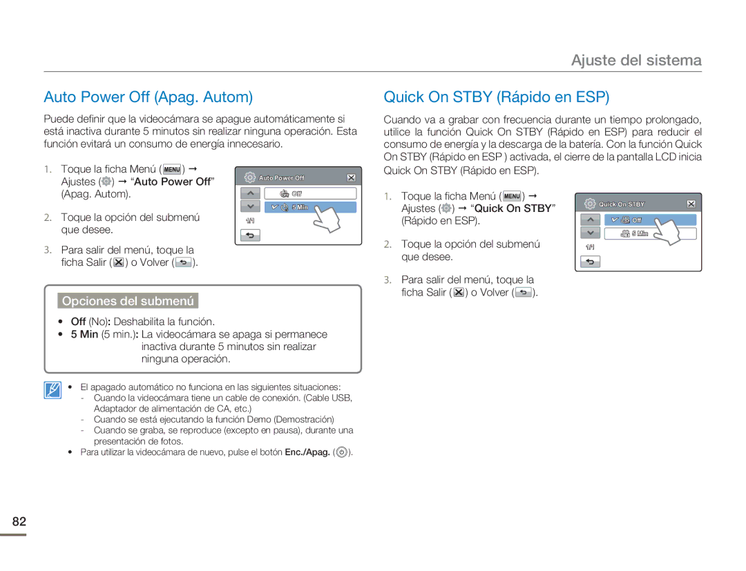 Samsung HMX-H300BP/EDC, HMX-H300RP/EDC manual Auto Power Off Apag. Autom, Quick On Stby Rápido en ESP, Ajustes Quick On Stby 