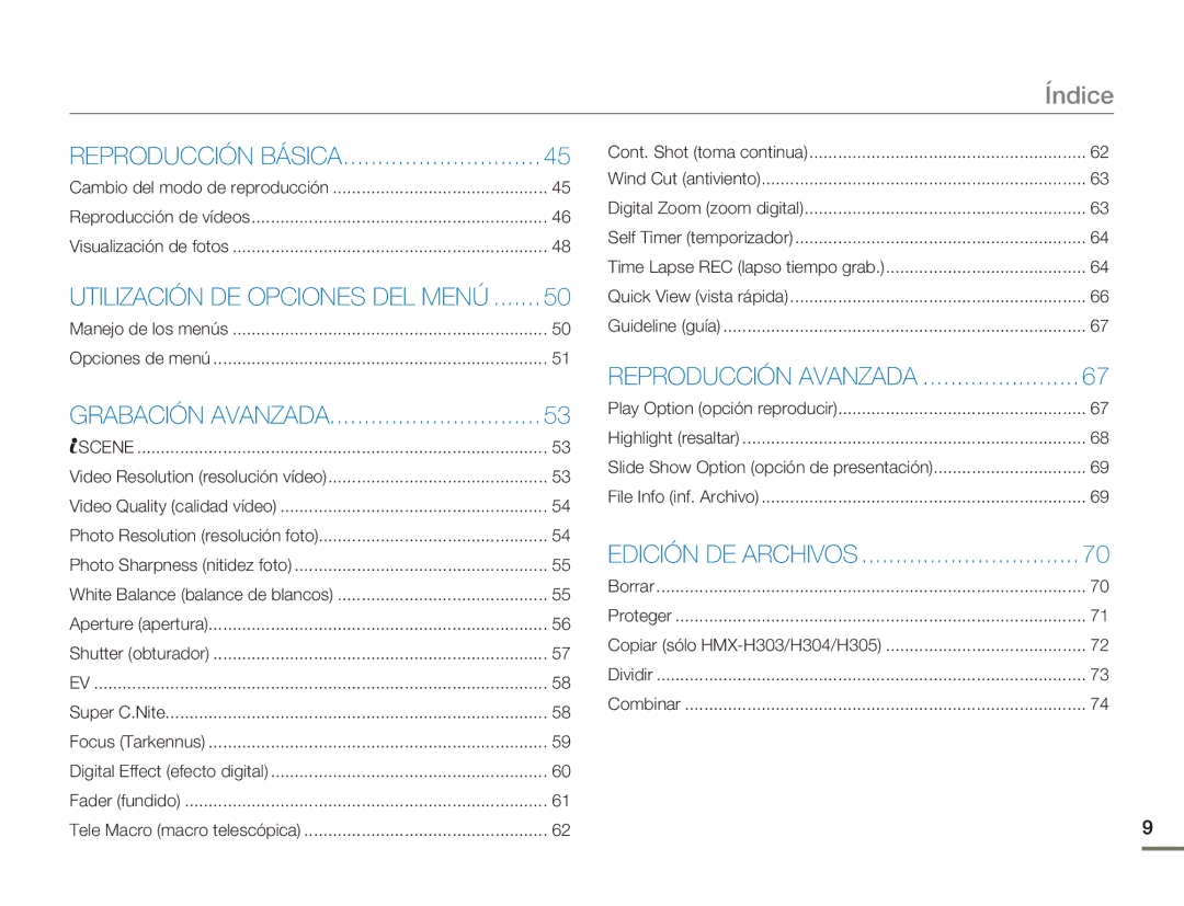 Samsung HMX-H300RP/EDC, HMX-H300BP/EDC manual Índice, Utilización DE Opciones DEL Menú 