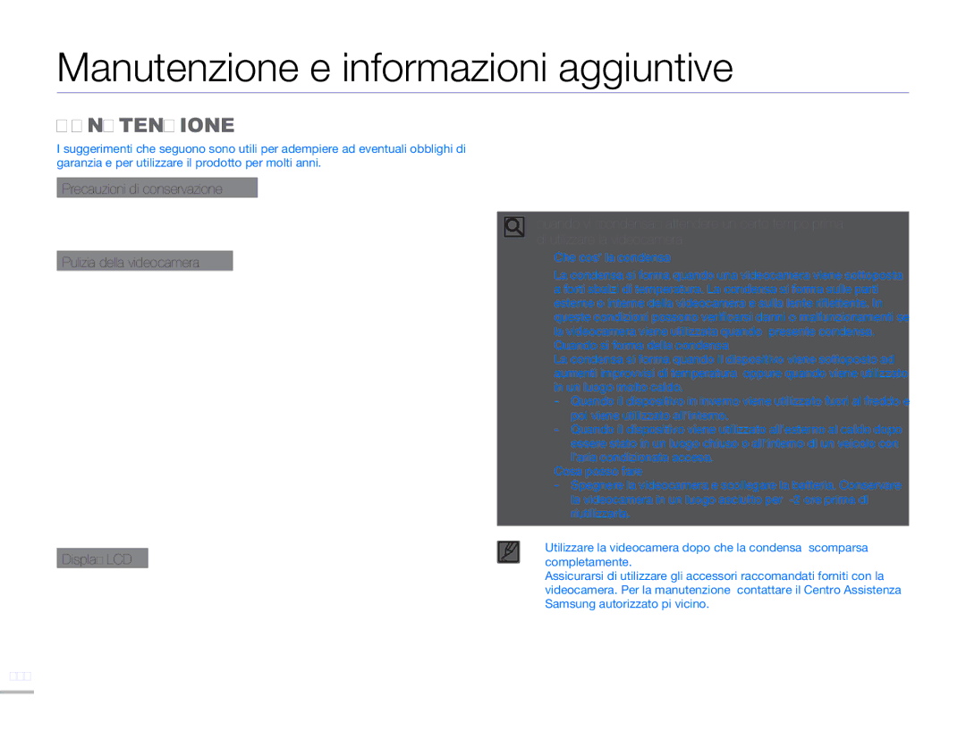 Samsung HMX-H303BP/EDC, HMX-H300BP/EDC, HMX-H320BP/EDC, HMX-H300UP/EDC, HMX-H300SP/EDC Manutenzione e informazioni aggiuntive 