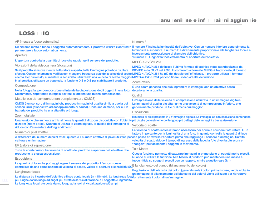 Samsung HMX-H300BP/EDC, HMX-H320BP/EDC, HMX-H300UP/EDC, HMX-H300SP/EDC, HMX-H303BP/EDC Glossario, AF messa a fuoco automatica 
