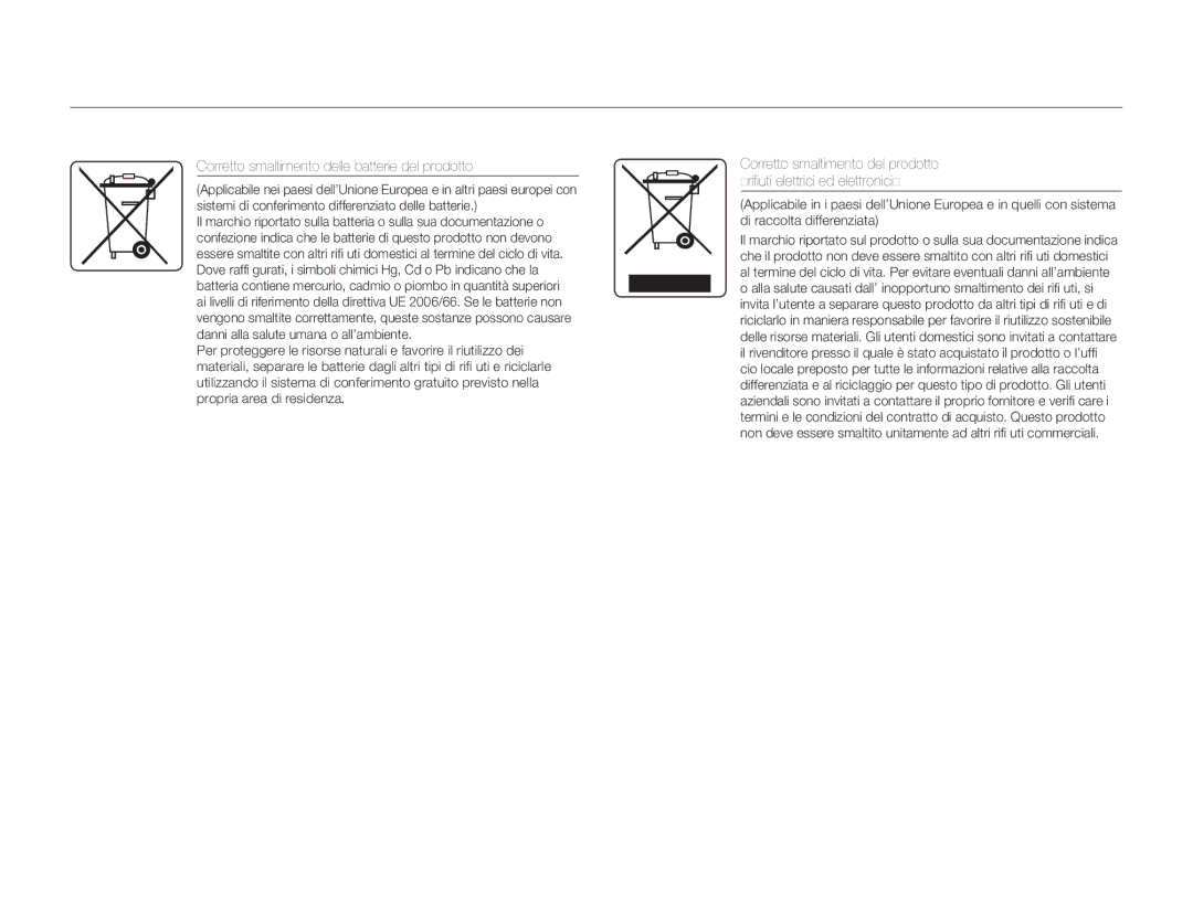 Samsung HMX-H303BP/EDC, HMX-H300BP/EDC, HMX-H320BP/EDC, HMX-H300UP/EDC manual Corretto smaltimento delle batterie del prodotto 