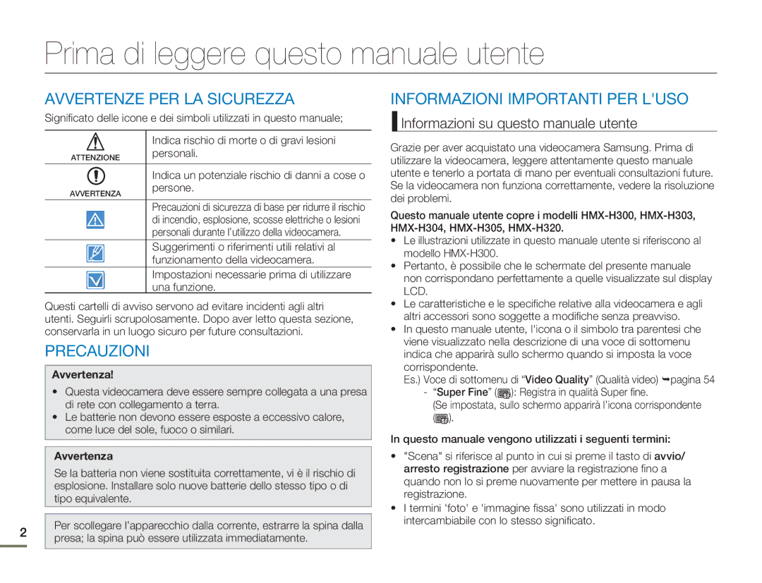 Samsung HMX-H300UP/EDC, HMX-H300BP/EDC Prima di leggere questo manuale utente, Avvertenze PER LA Sicurezza, Precauzioni 