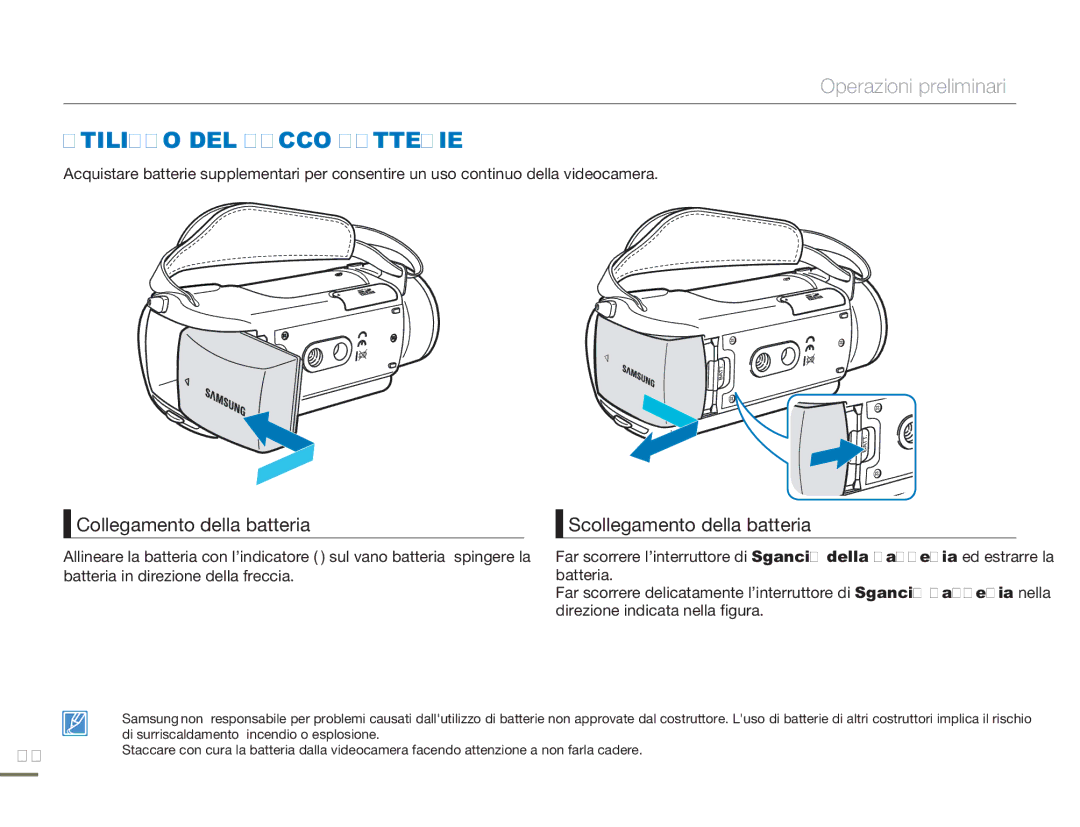 Samsung HMX-H303BP/EDC manual Utilizzo DEL Pacco Batterie, Collegamento della batteria, Scollegamento della batteria 