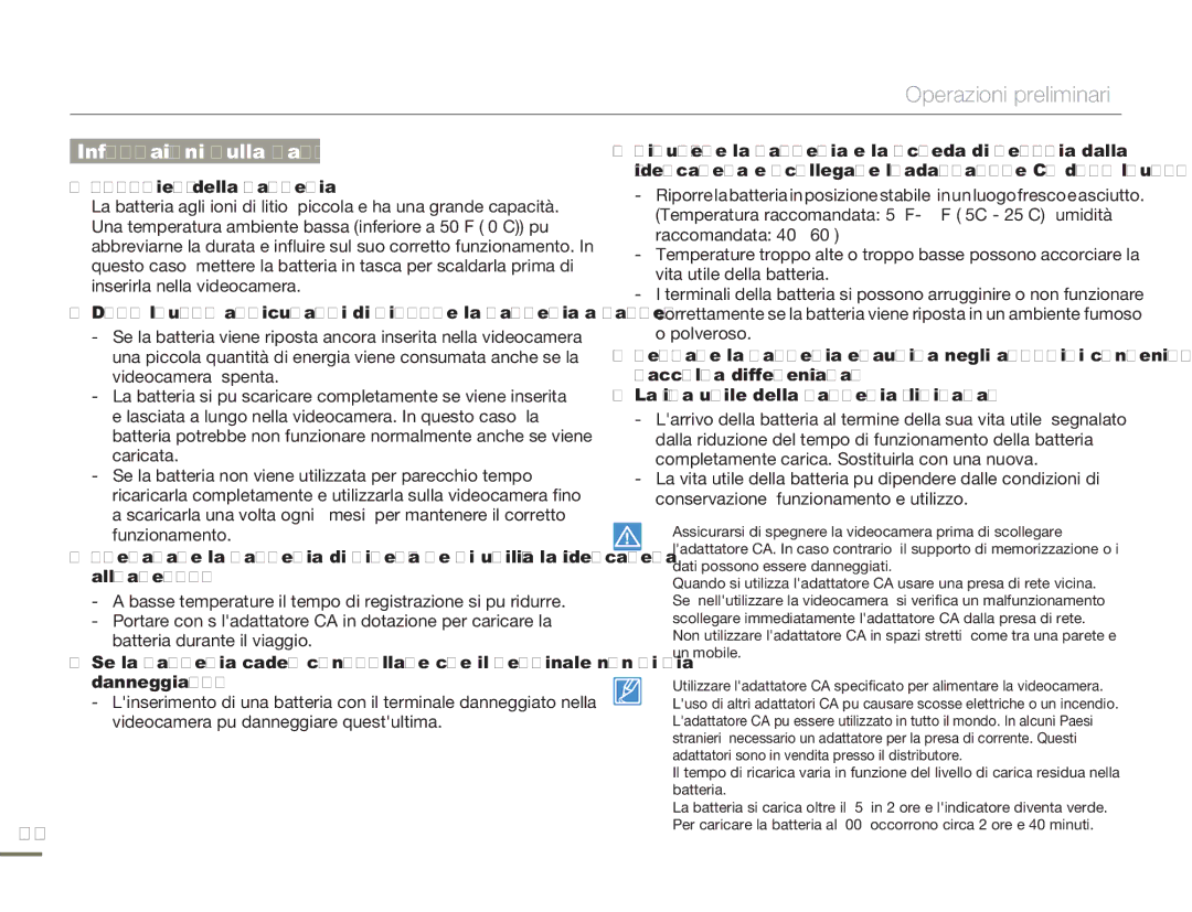 Samsung HMX-H300UP/EDC, HMX-H300BP/EDC, HMX-H320BP/EDC, HMX-H300SP/EDC, HMX-H303BP/EDC manual Informazioni sulla batteria 