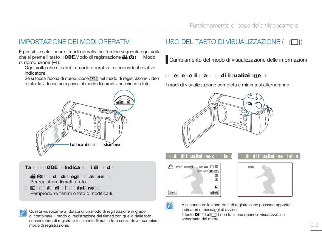 Samsung HMX-H320UP/EDC, HMX-H300BP/EDC, HMX-H320BP/EDC Impostazione DEI Modi Operativi, USO DEL Tasto DI Visualizzazione 