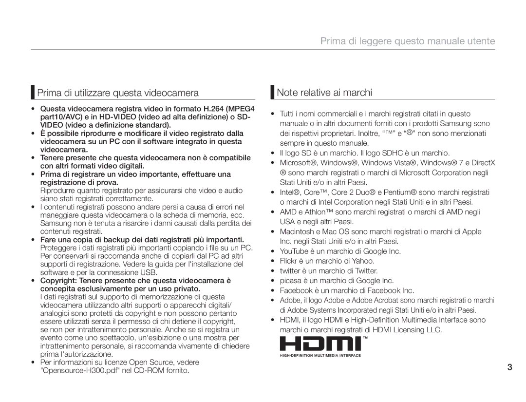 Samsung HMX-H300SP/EDC, HMX-H300BP/EDC, HMX-H320BP/EDC, HMX-H300UP/EDC, HMX-H303BP/EDC Prima di leggere questo manuale utente 