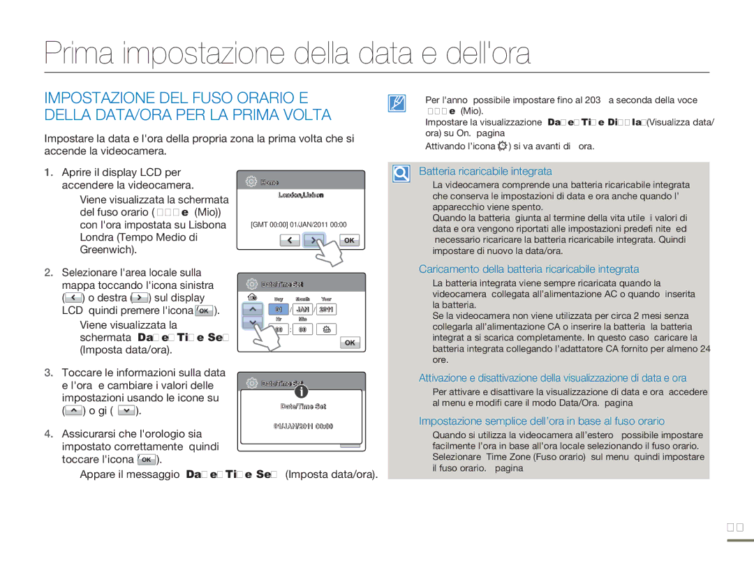 Samsung HMX-H320BP/EDC manual Prima impostazione della data e dellora, Impostazioni usando le icone su Giù, Toccare licona 