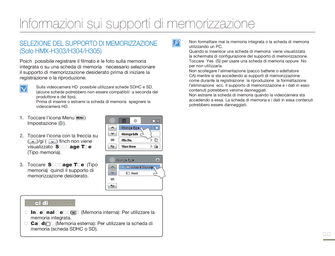 Samsung HMX-H300SP/EDC, HMX-H300BP/EDC, HMX-H320BP/EDC manual Informazioni sui supporti di memorizzazione, Voci di sottomenu 