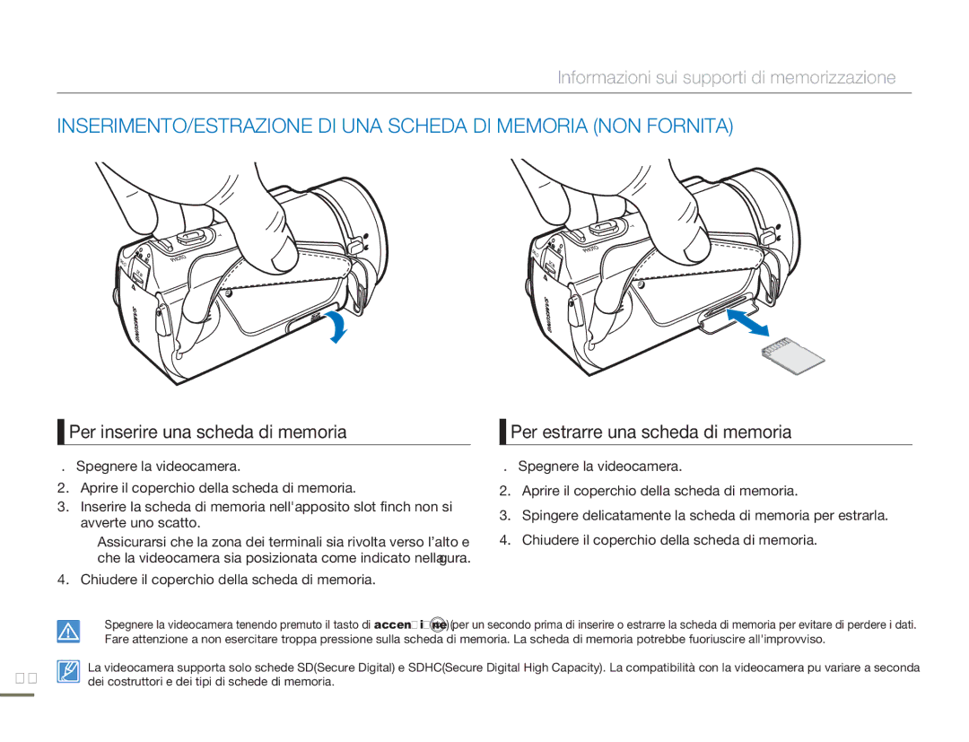 Samsung HMX-H303BP/EDC INSERIMENTO/ESTRAZIONE DI UNA Scheda DI Memoria NON Fornita, Per inserire una scheda di memoria 