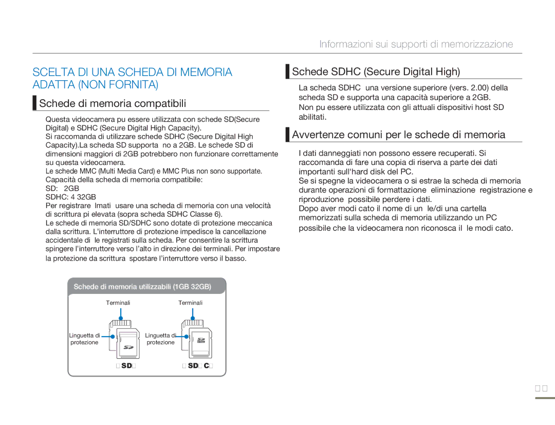 Samsung HMX-H320UP/EDC, HMX-H300BP/EDC Scelta DI UNA Scheda DI Memoria Adatta NON Fornita, Schede di memoria compatibili 