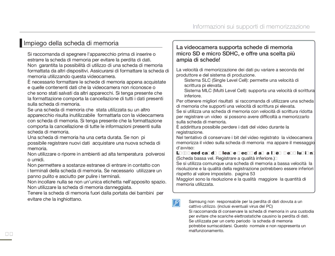 Samsung HMX-H300BP/EDC, HMX-H320BP/EDC, HMX-H300UP/EDC, HMX-H300SP/EDC, HMX-H303BP/EDC manual Impiego della scheda di memoria 