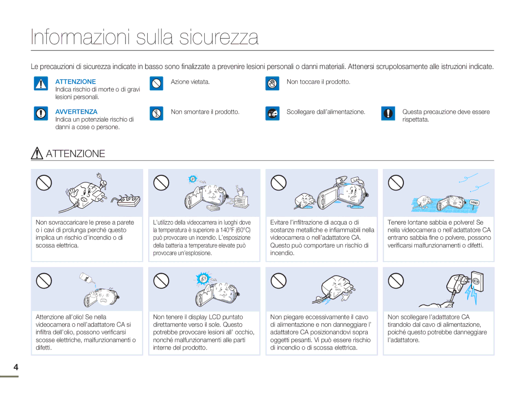 Samsung HMX-H303BP/EDC, HMX-H300BP/EDC, HMX-H320BP/EDC, HMX-H300UP/EDC manual Informazioni sulla sicurezza, Attenzione 