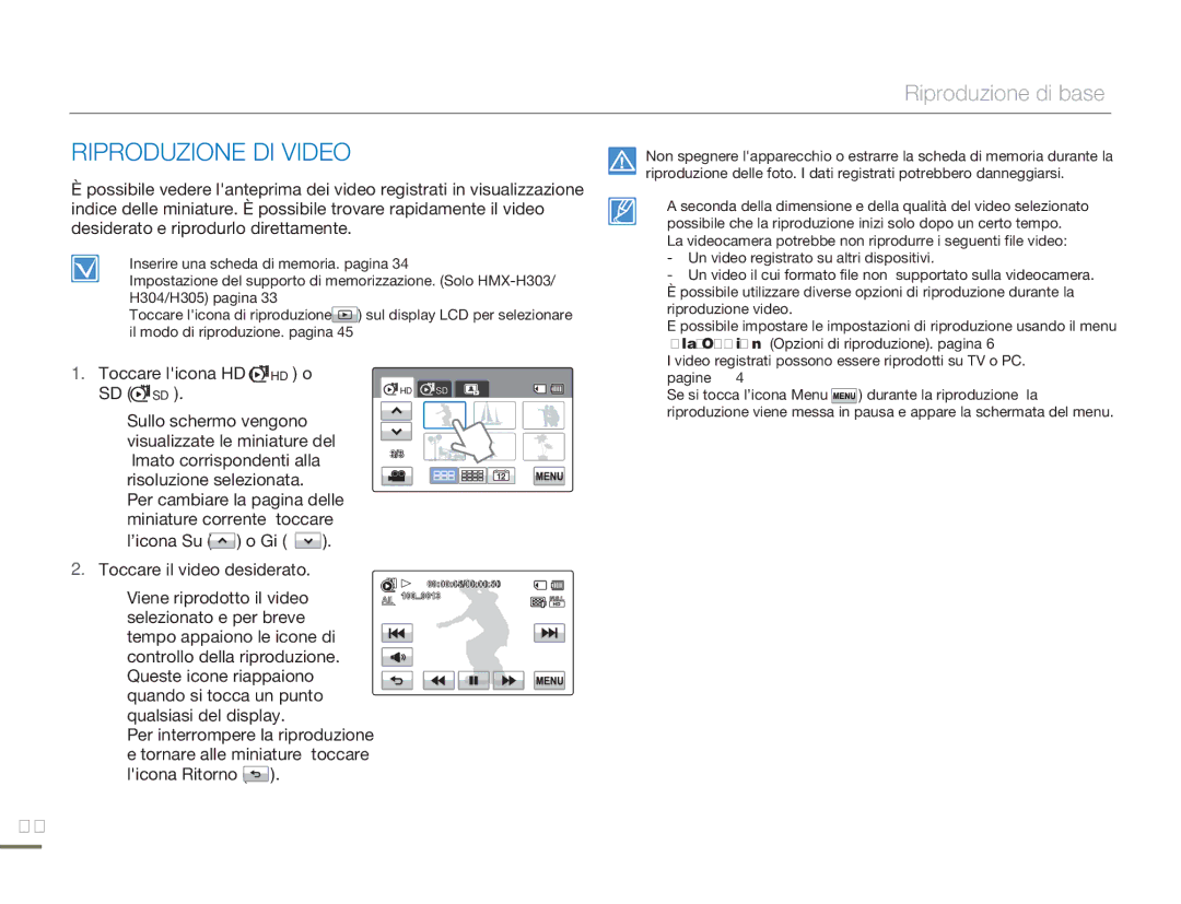 Samsung HMX-H303BP/EDC, HMX-H300BP/EDC, HMX-H320BP/EDC Riproduzione DI Video, Toccare licona HD HD o SD SD, Licona Ritorno 