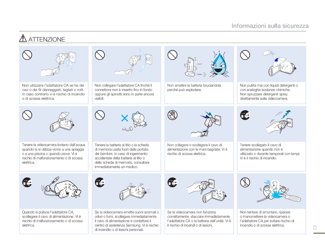 Samsung HMX-H320UP/EDC, HMX-H300BP/EDC, HMX-H320BP/EDC, HMX-H300UP/EDC, HMX-H300SP/EDC manual Informazioni sulla sicurezza 