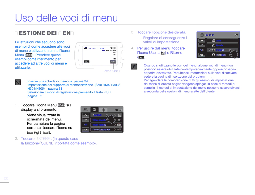 Samsung HMX-H300UP/EDC, HMX-H300BP/EDC, HMX-H320BP/EDC manual Uso delle voci di menu, Gestione DEI Menu, Utilizzarle 