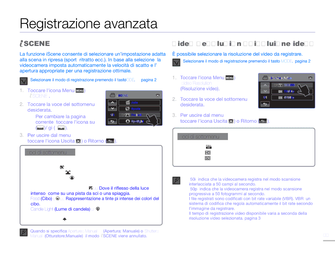 Samsung HMX-H320UP/EDC, HMX-H300BP/EDC, HMX-H320BP/EDC Registrazione avanzata, Scene, Video Resolution Risoluzione video 