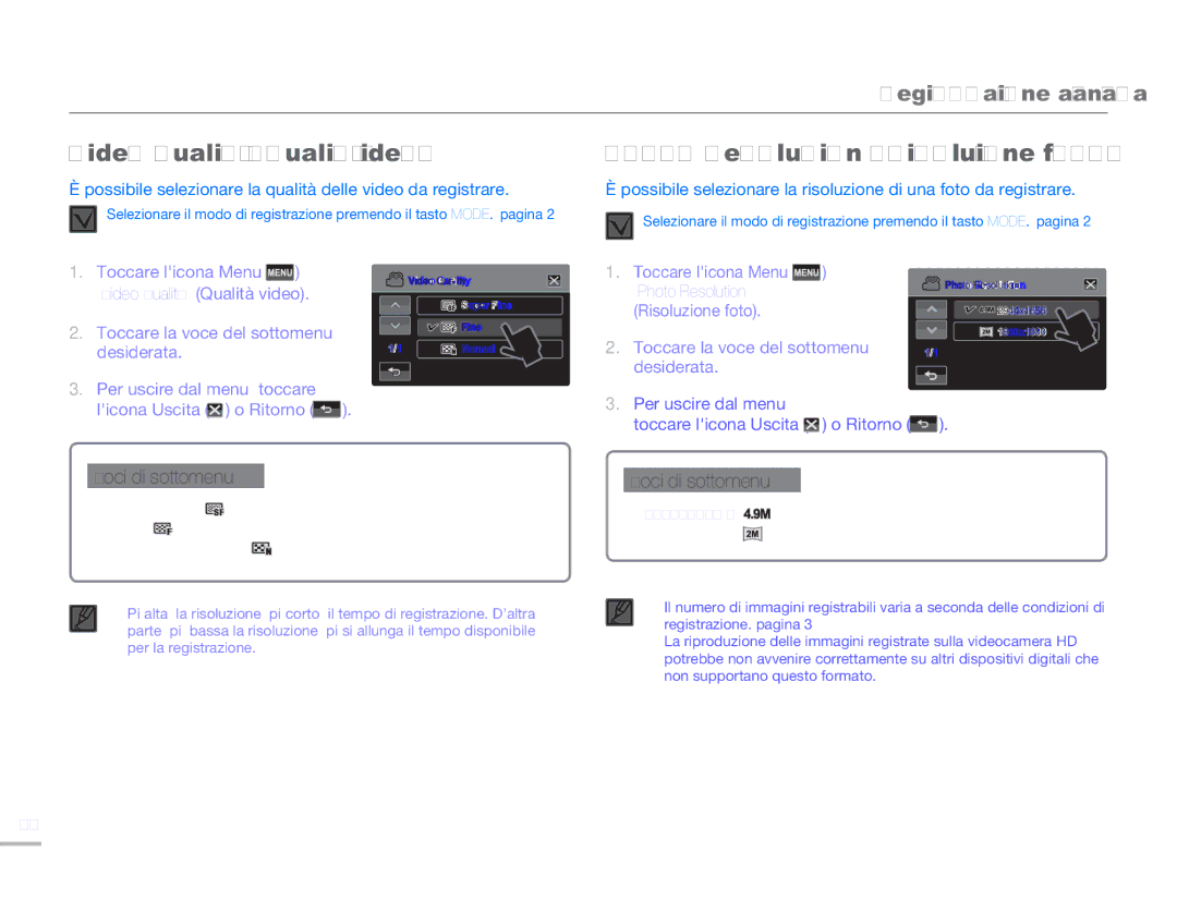 Samsung HMX-H300BP/EDC, HMX-H320BP/EDC, HMX-H300UP/EDC manual Video Quality Qualità video, Photo Resolution Risoluzione foto 