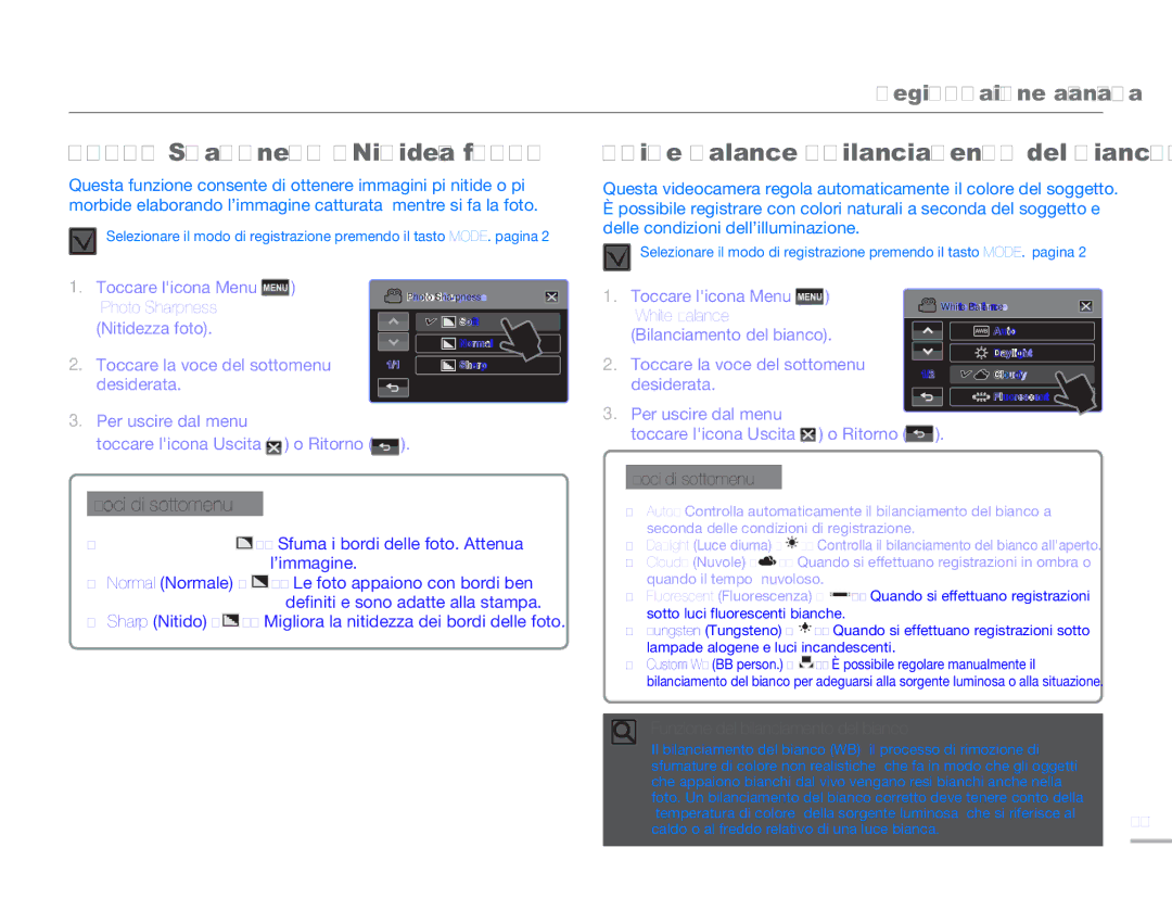 Samsung HMX-H320BP/EDC, HMX-H300BP/EDC manual Photo Sharpness Nitidezza foto, White Balance Bilanciamento del bianco 