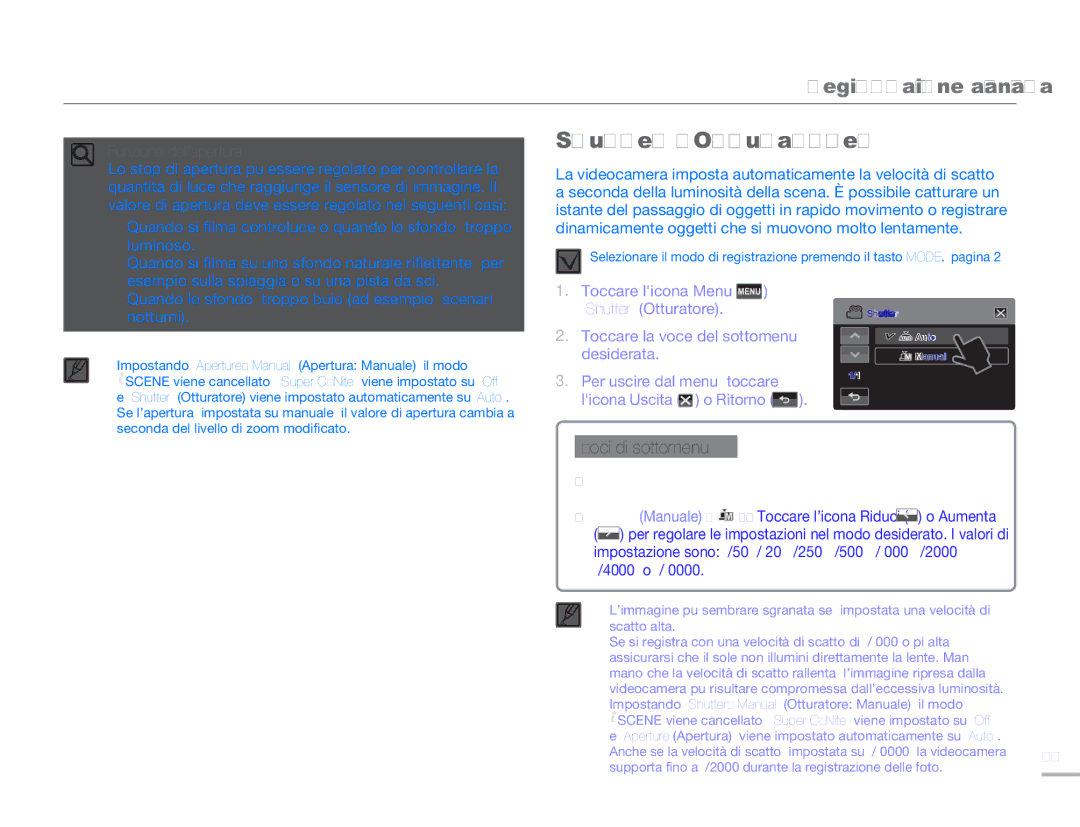 Samsung HMX-H300SP/EDC manual Shutter Otturatore, Luminoso, Esempio sulla spiaggia o su una pista da sci, Notturni 