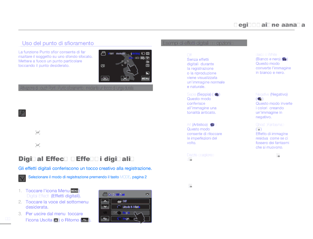 Samsung HMX-H300BP/EDC Digital Effect Effetti digitali, Uso del punto di sfioramento, Esempi di effetti digitali 9 opzioni 