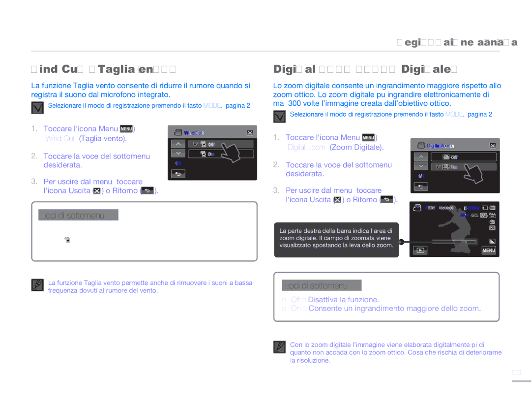 Samsung HMX-H300SP/EDC, HMX-H300BP/EDC manual Wind Cut Taglia vento, Digital Zoom Zoom Digitale, Off Disattiva la funzione 