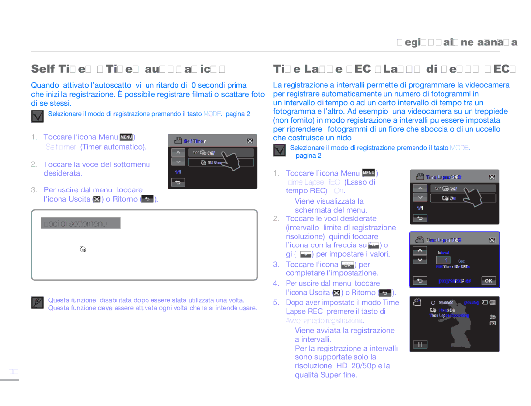 Samsung HMX-H303BP/EDC, HMX-H300BP/EDC, HMX-H320BP/EDC manual Self Timer Timer automatico, Time Lapse REC Lasso di tempo REC 