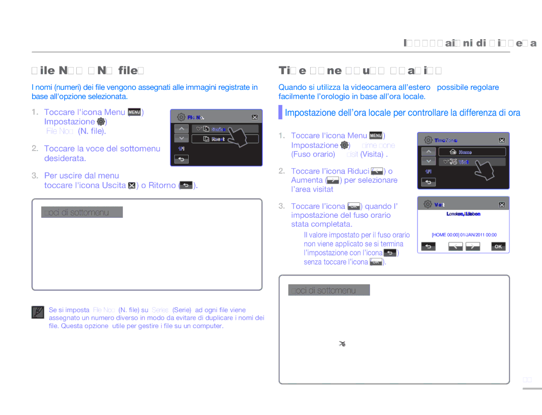 Samsung HMX-H320UP/EDC manual File No. N. file Time Zone Fuso orario, ’impostazione con l’icona Senza toccare l’icona 