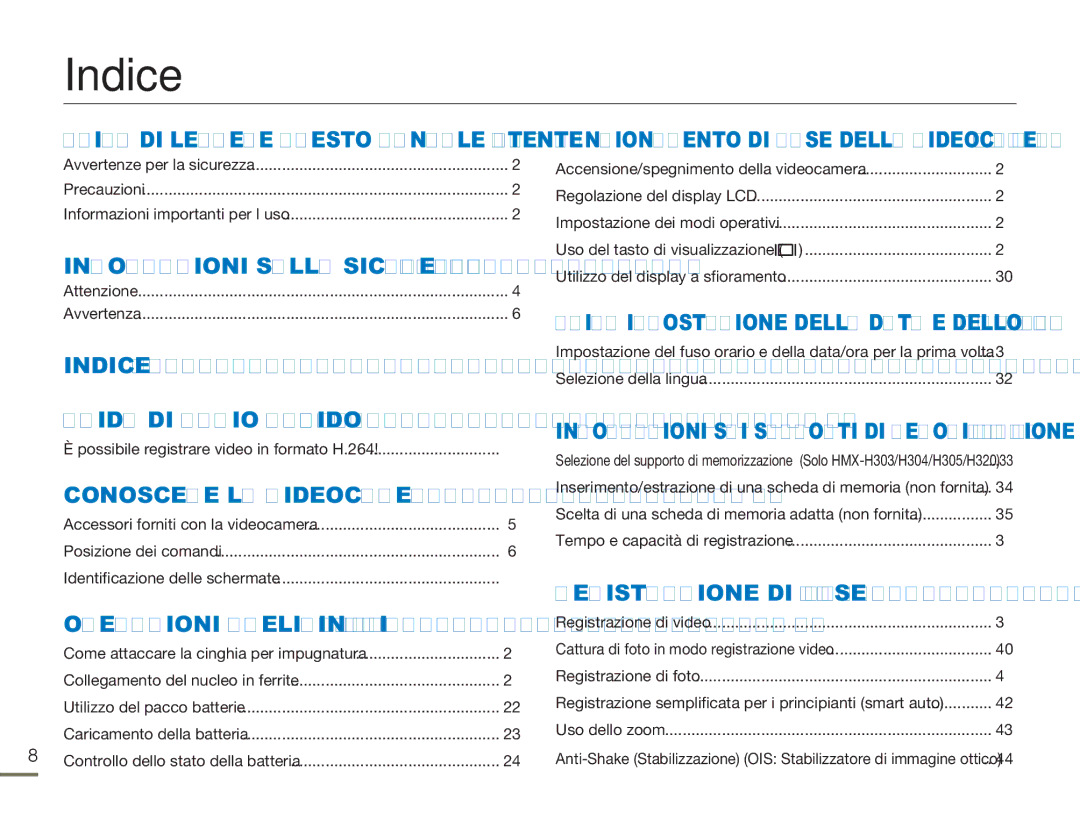 Samsung HMX-H300UP/EDC, HMX-H300BP/EDC, HMX-H320BP/EDC, HMX-H300SP/EDC, HMX-H303BP/EDC, HMX-H320UP/EDC manual Indice 