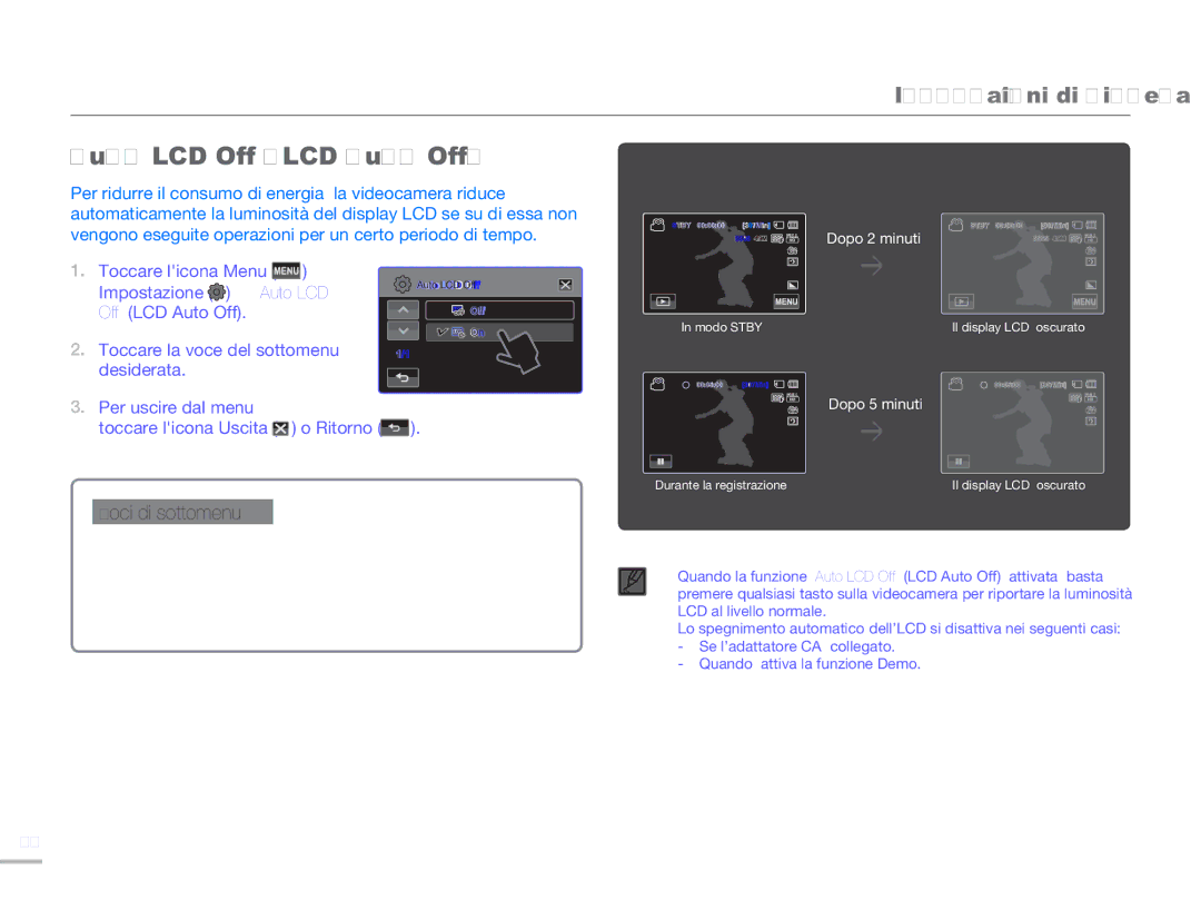 Samsung HMX-H300UP/EDC, HMX-H300BP/EDC, HMX-H320BP/EDC, HMX-H300SP/EDC manual Auto LCD Off LCD Auto Off, Per uscire dal menu 