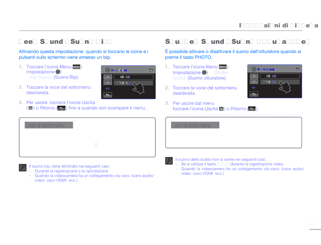 Samsung HMX-H300SP/EDC, HMX-H300BP/EDC manual Beep Sound Suono Bip, Shutter Sound Suono otturatore, Impostazione Shutter 