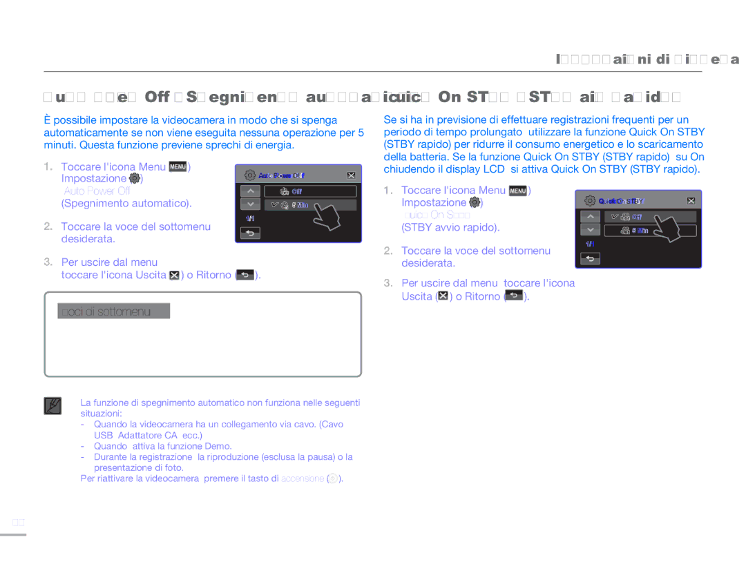 Samsung HMX-H303BP/EDC, HMX-H300BP/EDC manual Auto Power Off Spegnimento automatico, Quick On Stby Stby avvio rapido 