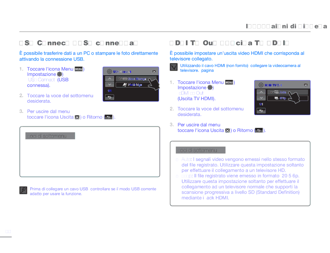 Samsung HMX-H300BP/EDC, HMX-H320BP/EDC, HMX-H300UP/EDC manual USB Connect USB connessa, Hdmi TV Out Uscita TV Hdmi, Connessa 