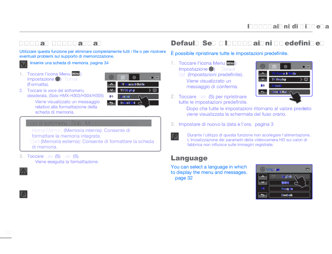 Samsung HMX-H300UP/EDC, HMX-H300BP/EDC, HMX-H320BP/EDC manual Format Formatta, Default Set Impostazioni predefinite, Language 
