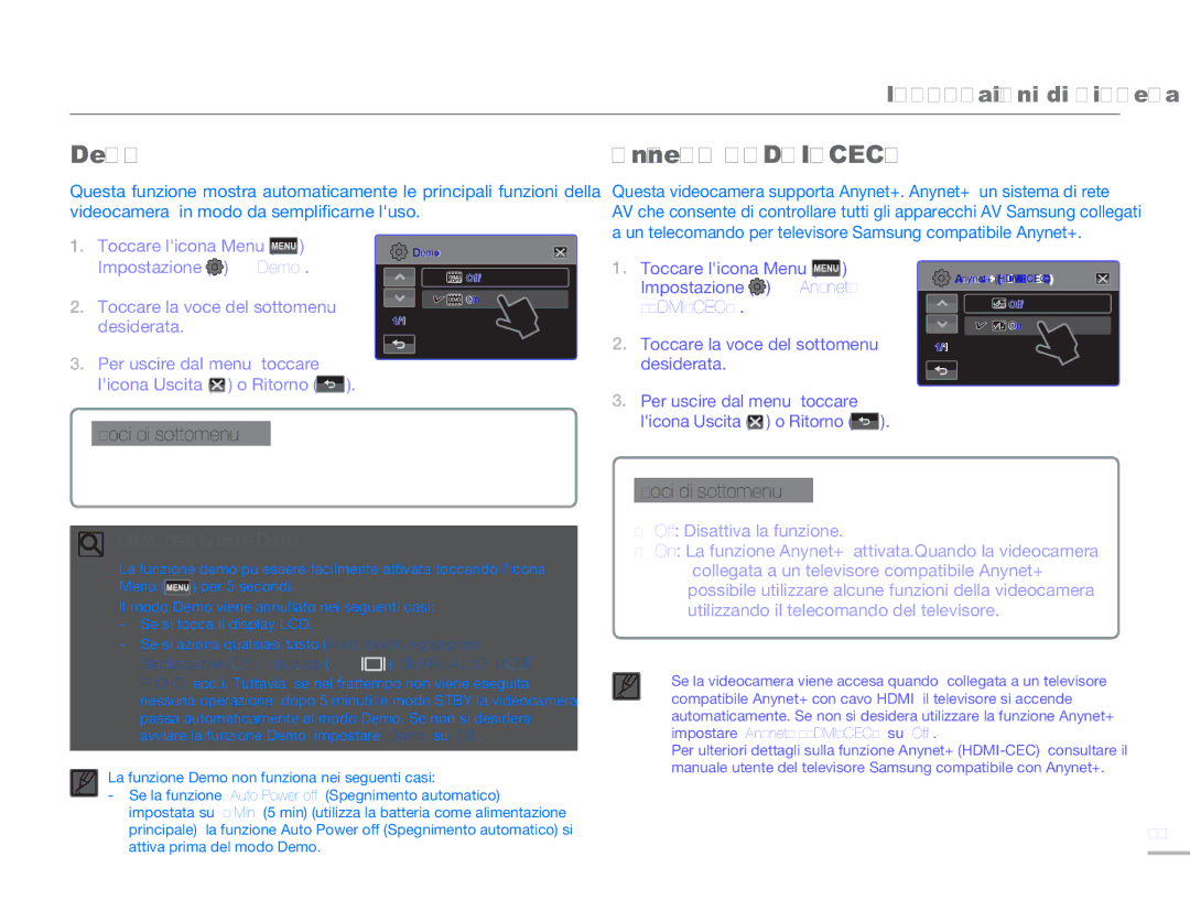 Samsung HMX-H300SP/EDC, HMX-H300BP/EDC, HMX-H320BP/EDC Demo, Anynet+ HDMI-CEC, Toccare licona Menu Impostazione Anynet+ 