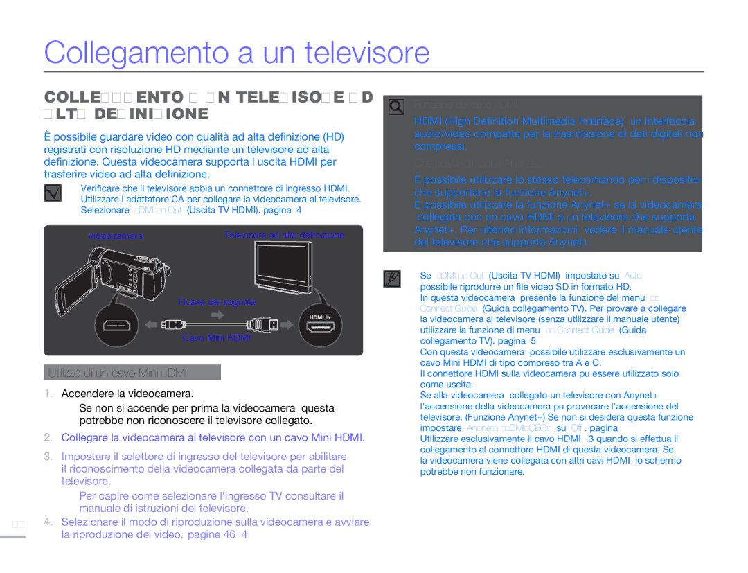 Samsung HMX-H303BP/EDC, HMX-H300BP/EDC manual Collegamento a un televisore, Collegamento a UN Televisore AD Alta Definizione 