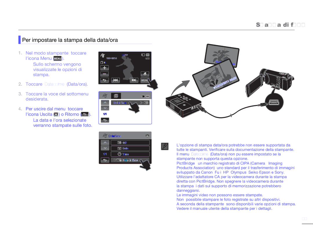 Samsung HMX-H300SP/EDC, HMX-H300BP/EDC, HMX-H320BP/EDC manual Stampa di foto, Per impostare la stampa della data/ora 