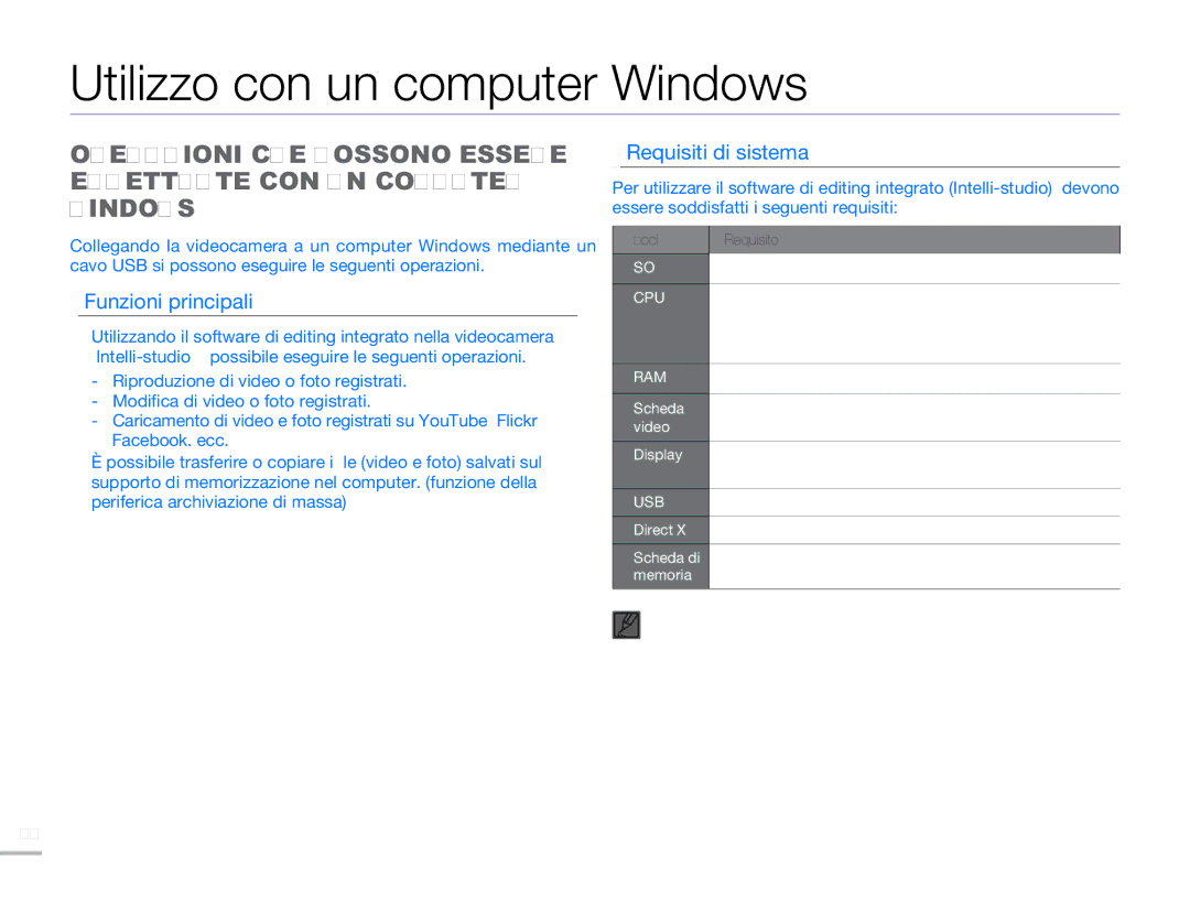 Samsung HMX-H303BP/EDC, HMX-H300BP/EDC manual Utilizzo con un computer Windows, Funzioni principali, Requisiti di sistema 