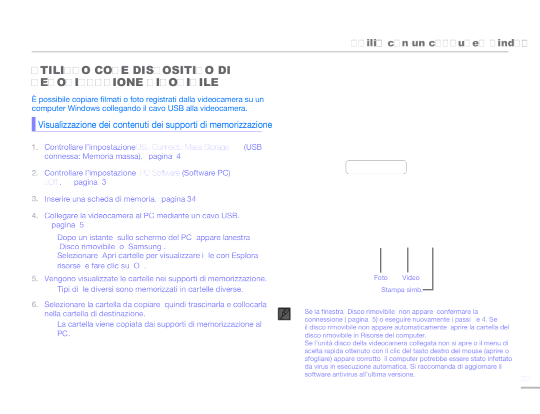 Samsung HMX-H300SP/EDC, HMX-H300BP/EDC, HMX-H320BP/EDC manual Utilizzo Come Dispositivo DI Memorizzazione Rimovibile 